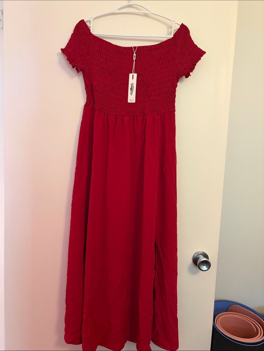 Smocked Off-Shoulder Red Maxi Dress